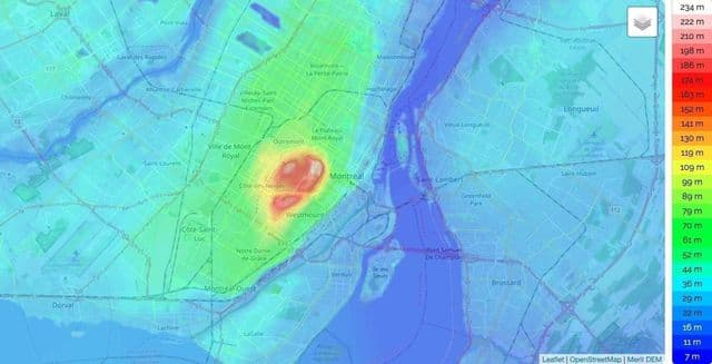 Mapa de elevação de Montreal