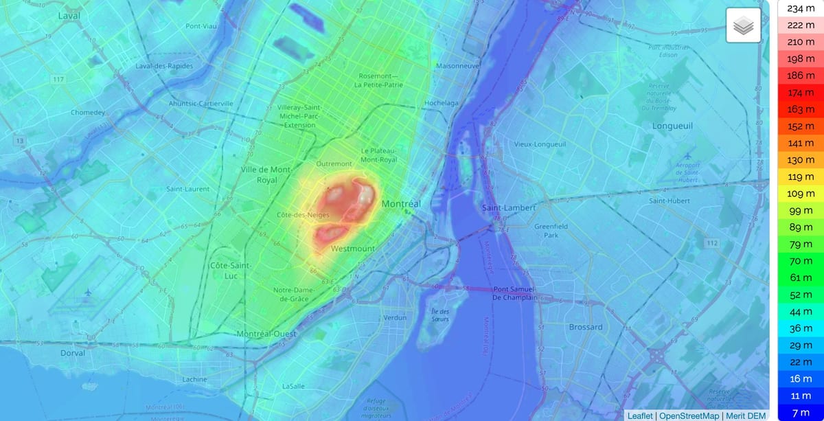 Mapa de elevação de Montreal