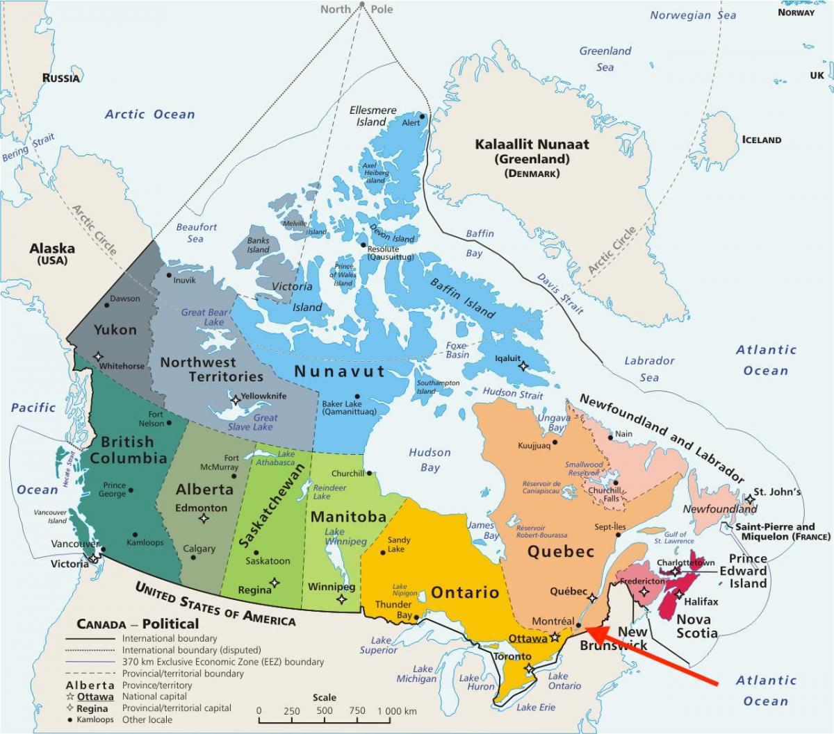 Montreal no Quebec - Mapa do Canadá